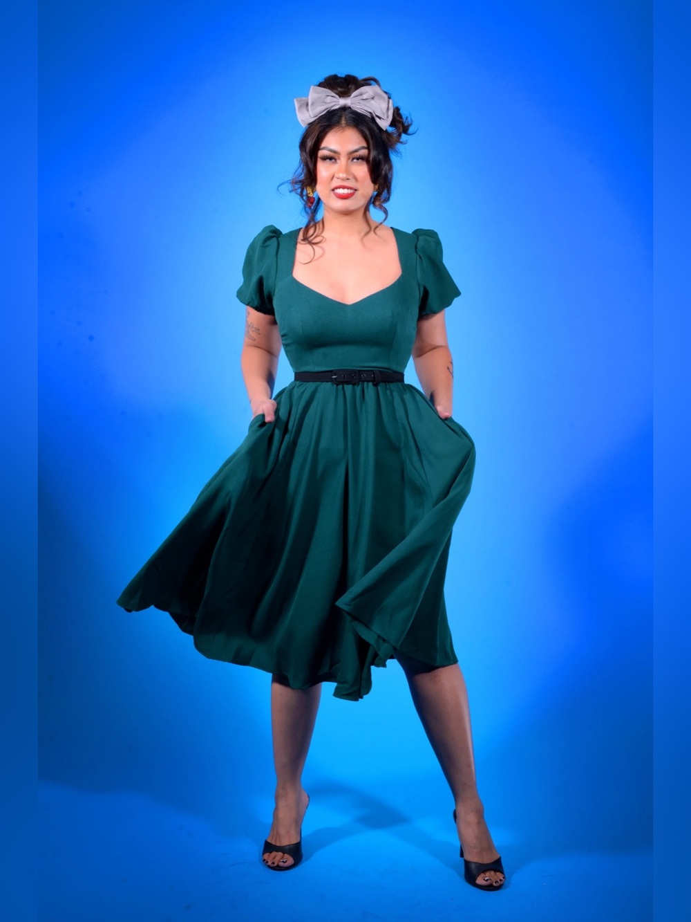Lucrezia Day Dress in Hunter Green Stretch Crepe